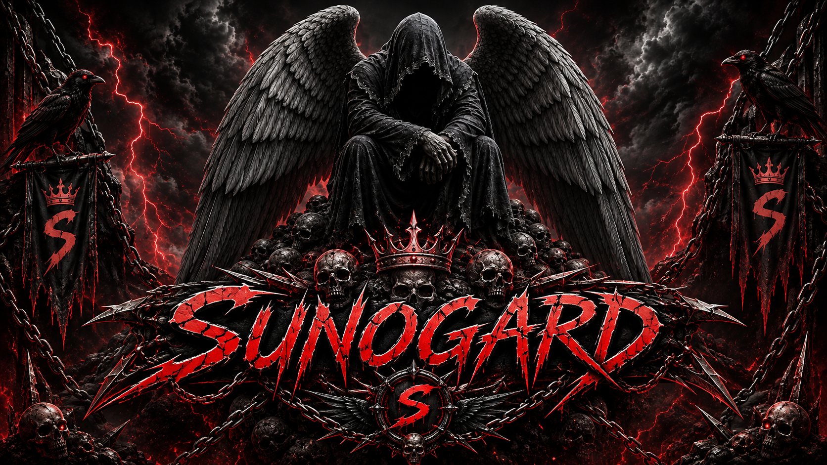 Sunogard key art: a hooded, winged reaper seated on a mound of skulls above the red Sunogard wordmark, flanked by ravens and crowned banners under a lightning-split sky.